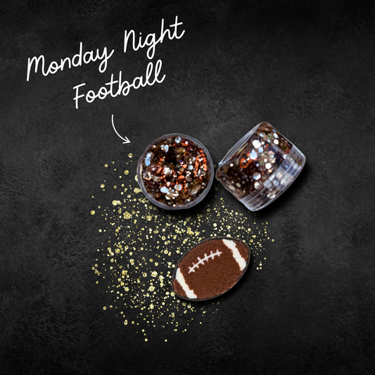 “
Monday Night Football Pixie Paste biodegradable hair glitter – chunky footballs, copper and brown glitter gel for football game day hairstyles